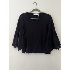 See By Chloe Sz Small Lace Applique Bell Flutter Sleeve Black Top Boxy Blouse